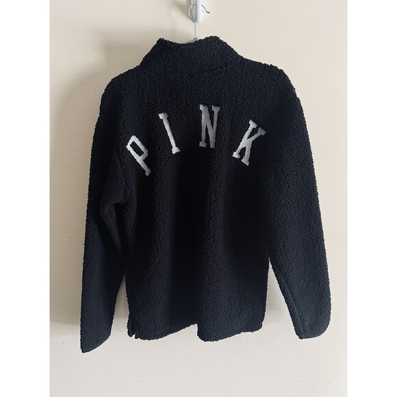 Victoria’s Secret PINK Small Black 1/4 Zip Pullover Sherpa Fleece Dog Logo NWT - Picture 2 of 4